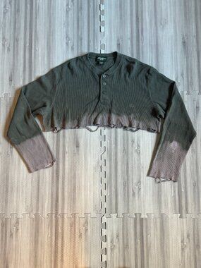 Reworked Eddie Bauer Distressed Cropped Dip-Dye Thermal Henley Top